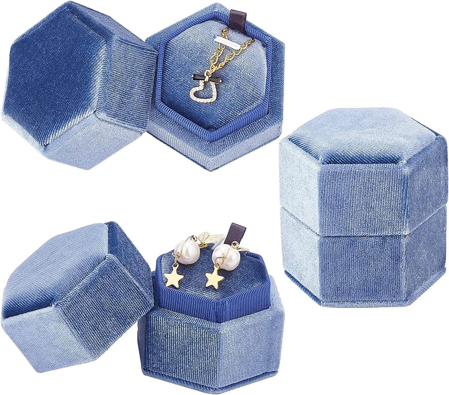 Hexagon Velvet Ring Boxes for Jewelry Light Steel Blue 6.5x5.6x6.2cm ...