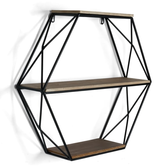 Hexagon Wall Shelves, Floating Shelves with Wood and Metal Design, Wall Mounted Shelves for Living Room Entryway Hallway and Office Decor