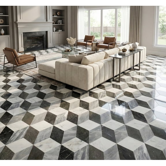 Hexagon Waterjet marble,White Gray Black 3 color, natural marble, for floor and wall, polished marble tile, natural stone, genuine marble, real marble, 1 box 12 pcs