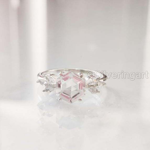 Hexagon White Topaz Ring, 925 Sterling Silver, Women Ring, Natural Topaz, November, Christmas, Thanksgiving, Tiny Dainty Ring, Marquise CZ Ring, Handmade, Statement Jewelry, Wedding, Anniversary Gift