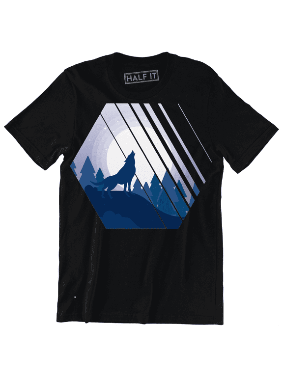Hexagon With Woods Landscape Wolf Howling To The Full Moon Men T-Shirt
