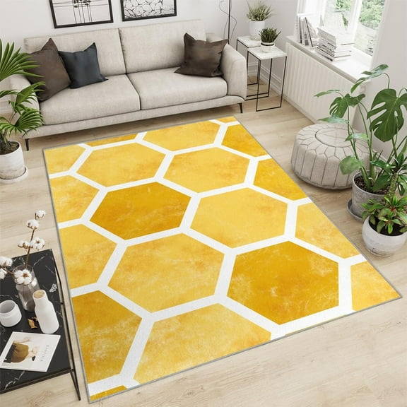 Hexagon Yellow Rugs For Living Room, Honeycomb Area Rugs, Modern Abstract Geometry Rug For Bedroom, Kids Room, Washable Non-Slip Bathroom Carpet For Kitchen Laundry Door Mat 4x5ft