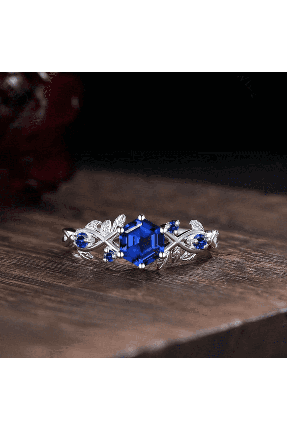 Hexagon cut Blue Sapphire Engagement Ring in 925 Sterling Silver - Unique Art deco leaf ring - Nature Inspried branch ring