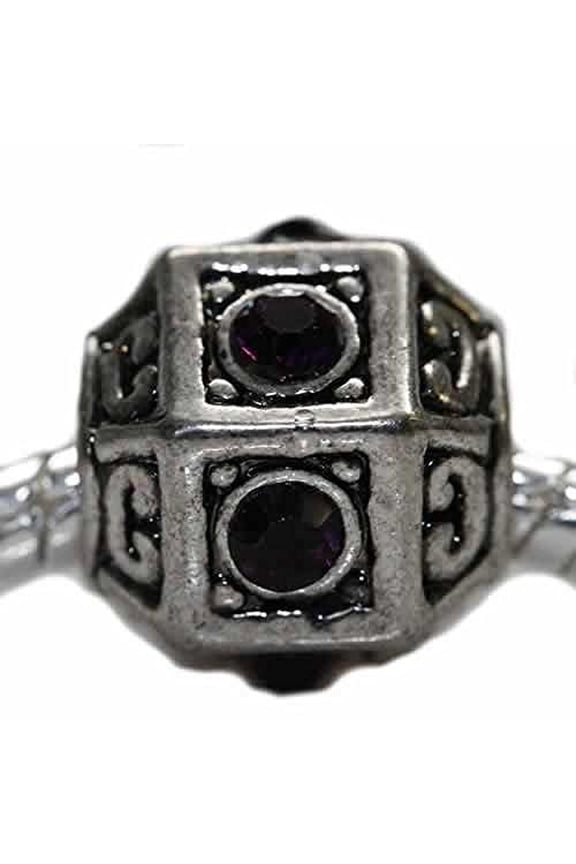 Hexagon w/ Purple Crystals February Birthstone For Snake Chain Charm Bracelet