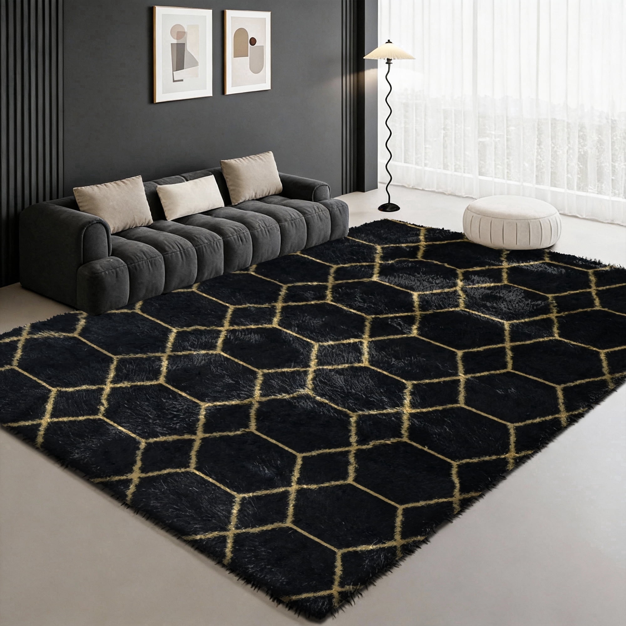Pentantan 5ft x 8ft Shag Area Rugs for Living Room, Modern Geometric Fluffy Bedroom Carpet, Black & Gold
