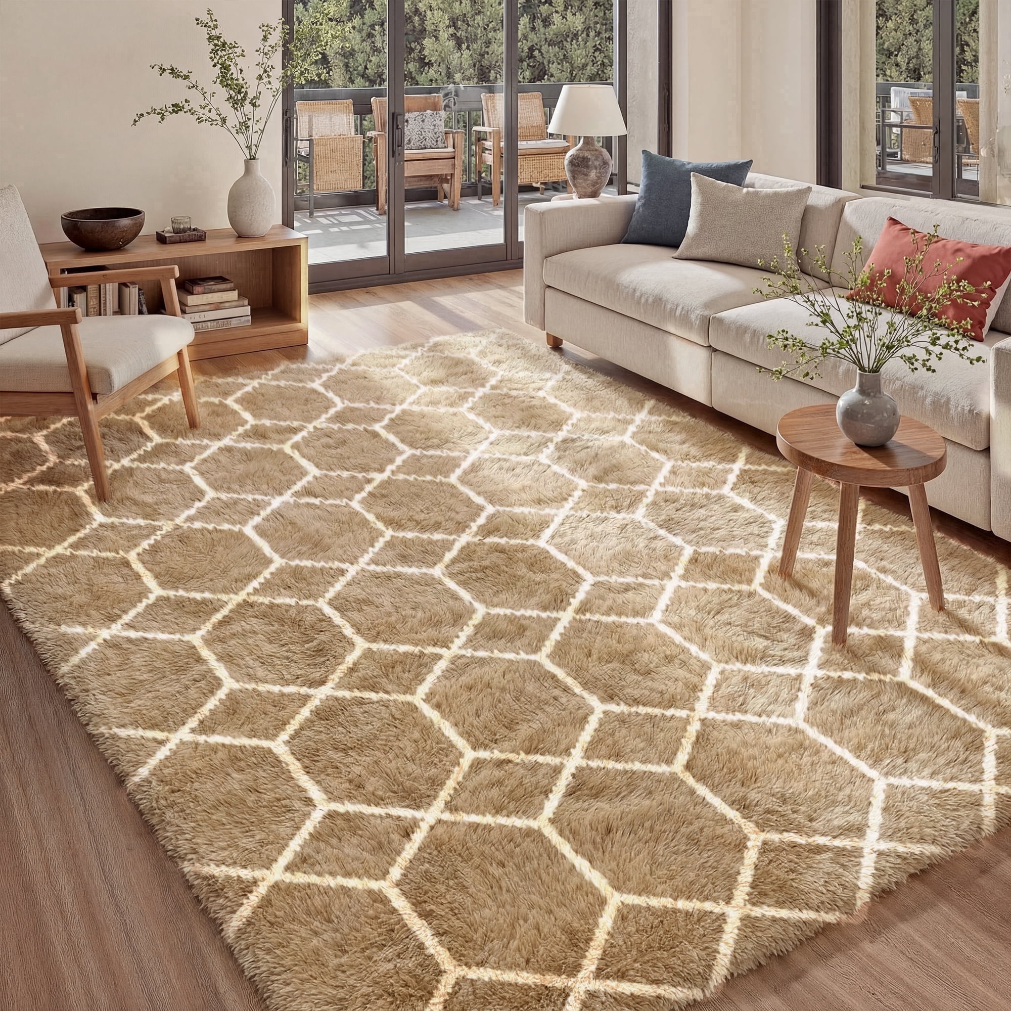 Pentantan 8ft x 10ft Shag Area Rugs for Living Room, Modern Geometric Fluffy Bedroom Carpet, Camel & White