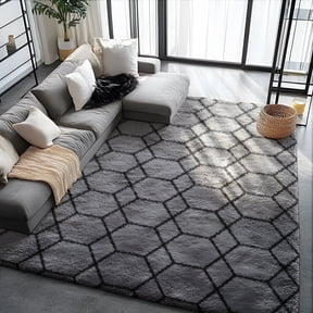 Pentantan 5ft x 8ft Shag Area Rugs for Living Room, Modern Geometric Fluffy Bedroom Carpet, Black & Gray
