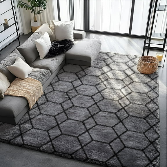 Pentantan 8ft x 10ft Shag Area Rugs for Living Room, Modern Geometric Fluffy Bedroom Carpet, Black & Gray