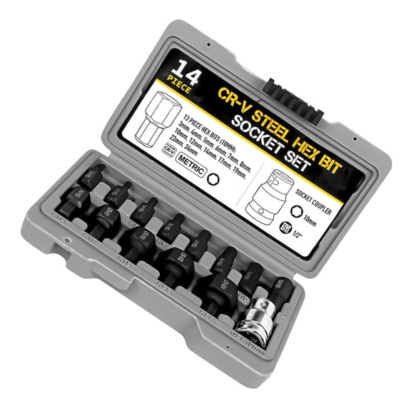 Hexagonal Bit Socket Set, Complete 14-Piece,with Storage Case Hex Bit Socket Set Drive Hexagon Allen Key