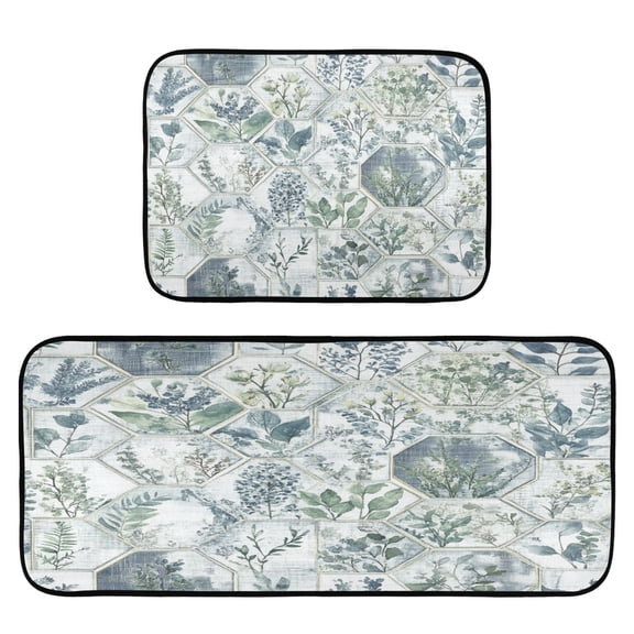 Hexagonal Botanical Tiles 2-Piece Kitchen Carpet Mat Set, Non-Slip Memory Foam, Soft for Kitchen and Living Room Use