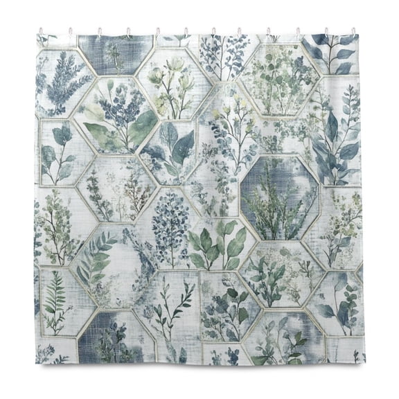 Hexagonal Botanical Tiles 72x72 Waterproof Shower Curtain Liners Durable Metal C-Hooks Fade-Proof Thermal Print Anti-Splash