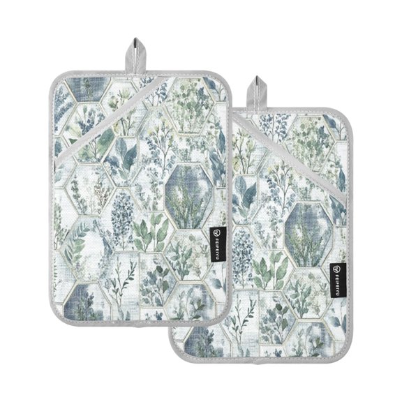 Hexagonal Botanical Tiles 7x9.8in Pot Holder Set Heat-Resistant Oven Hot Pads Durable with Storage Loop