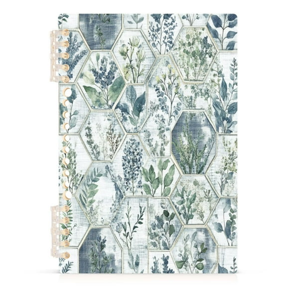 Hexagonal Botanical Tiles A5 8.3x5.7in PP Notebook, Adjustable Rings, 60 Sheets, Diary or Journey Note