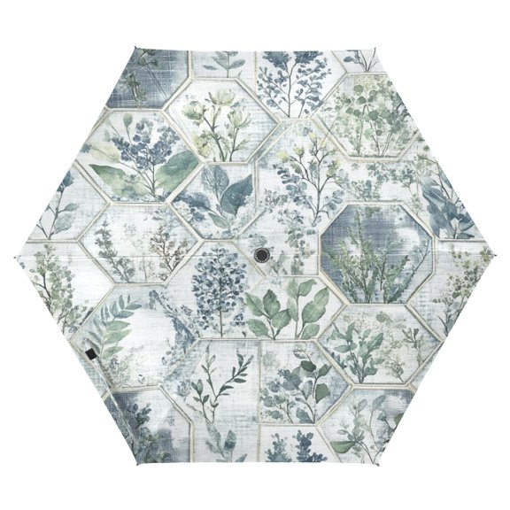 Hexagonal Botanical Tiles Folding Umbrella UV50+ Waterproof Sun Protection Auto Open Close Compact Fiberglass Frame