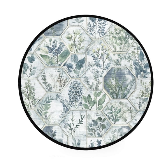 Hexagonal Botanical Tiles Memory Foam Bath Mat 36" Absorbent Rug with Non Slip Base and 4 Bonus Pads