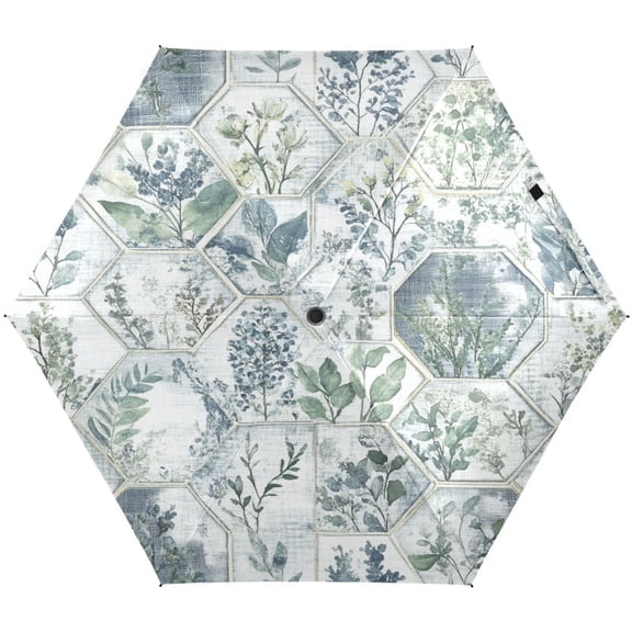 Hexagonal Botanical Tiles Umbrellas for Sun Auto Open Close UV50+ Waterproof 5-Fold Compact Fiberglass Frame