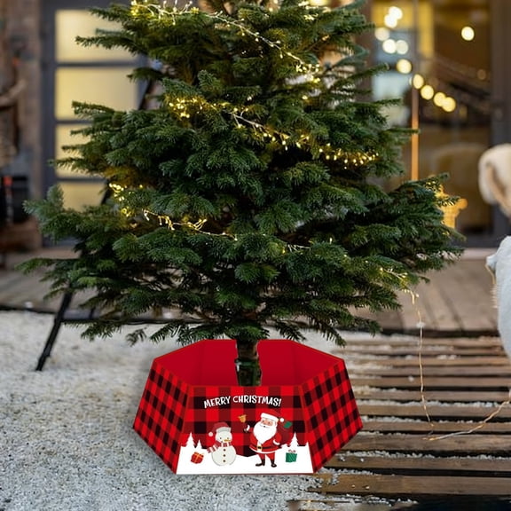 Hexagonal Christmas Tree Skirt with Santa Snowman Design, Festive Holiday Decor for Home Office Party, Merry Christmas Polyester Tree Collar Decoration