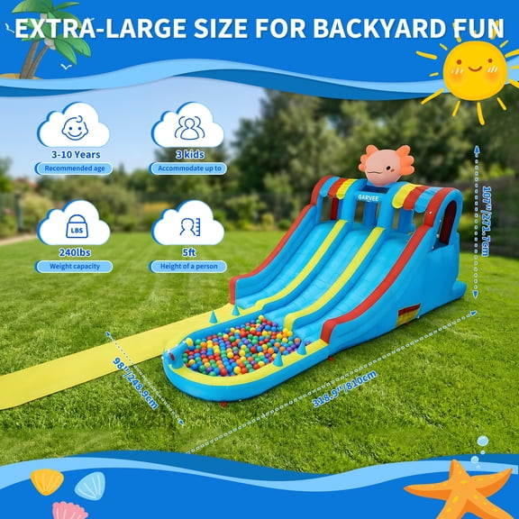 Hexagonal Dragon Inflatable Water Park for Kids - Dual Slides, Splash Pool, Long Slip Mat, Powerful Blower - Outdoor Backyard Bouncy Castle