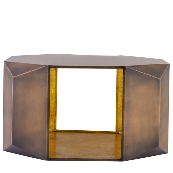 Hexagonal Faceted Coffee Table for Primary Living Spaces with Angular Panel Construction Antique Copper Exterior and Gold Foil Interior Accent