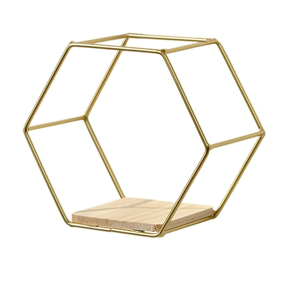 Hexagonal Floating Wall Shelves Set - Modern Iron Wall-Mounted Storage with Wood Accents for Bedroom/Office Decor (6.5x5.7x3.74 inch Gold)