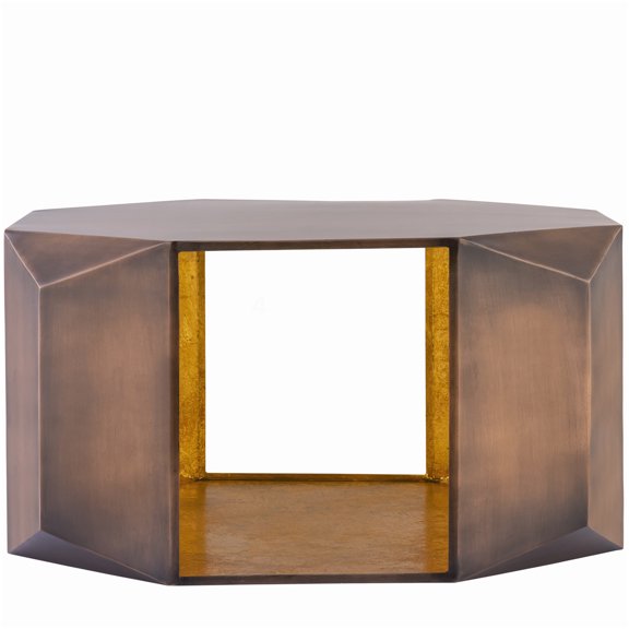 Hexagonal Geometric Coffee Table for Primary Living Spaces, Modern Style with Angular Panels and Antique Copper Exterior with Gold Foil Interior
