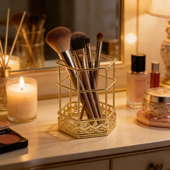 Hexagonal Gold Metal Desk Organizer with Open Wireframe Design, Multi-Use Storage Container for Pens Makeup Brushes Office Supplies, Modern Home Office Vanity Desktop Accessory
