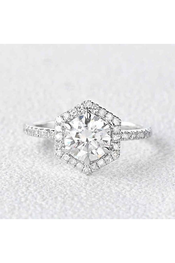 Hexagonal Halo Women's Engagement Ring 1.8 Ct Round Brilliant Cut Diamond 14K White Gold Over