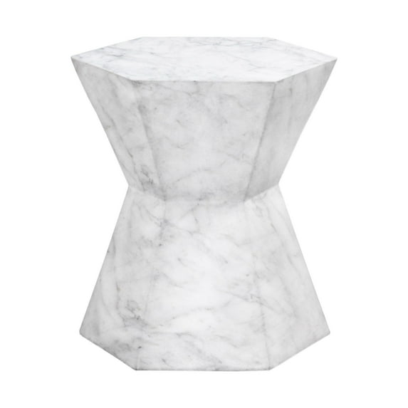 Hexagonal Hourglass Shape Faux Marble Concrete Accent Table, White