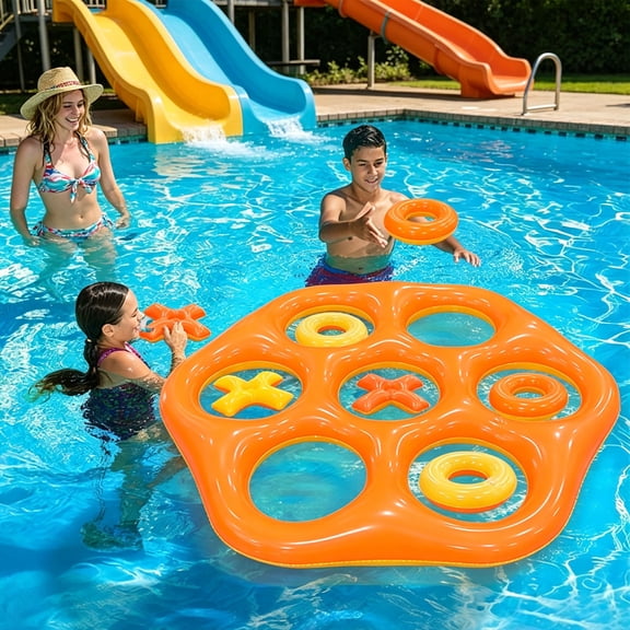 Hexagonal Inflatable Water Play Toy - Interactive PVC Pool Game with Double-Sided Design, Floating Board & Toss Pieces for Pool Parties, Beach & Summer Fun, 35.43x39.37in, Orange