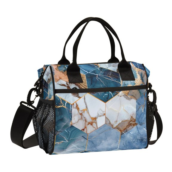 Hexagonal Marble Lunch Bag Insulated Lunch Box Leakproof Reusable Cooler Tote Adjustable Shoulder Strap for Men Women 9L