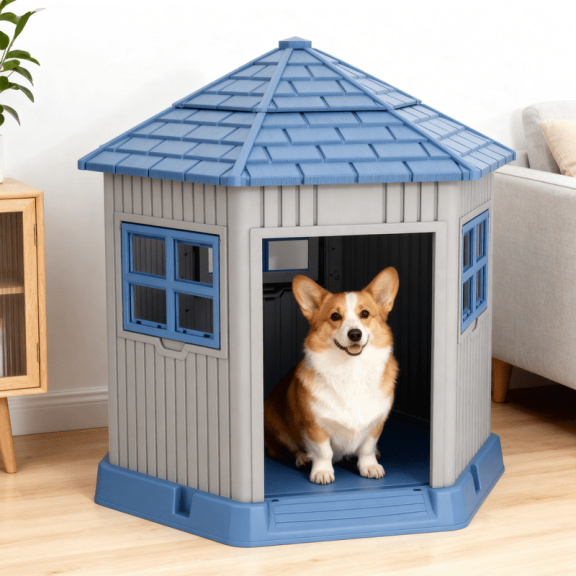 Hexagonal Outdoor Dog House, Waterproof, Removable Roof, Adjustable Windows,Blue