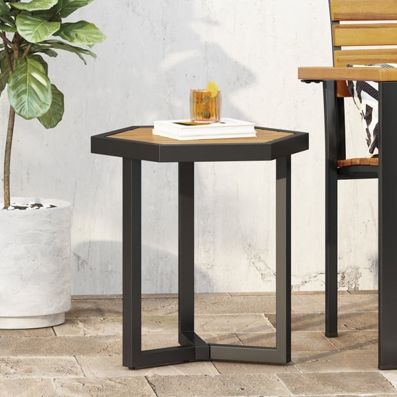 Hexagonal Outdoor Side Table Black Powder Coated Metal Frame Natural Solid Acacia Wood Slat Top Modern Industrial Patio End Table for Backyard Garden Porch Balcony