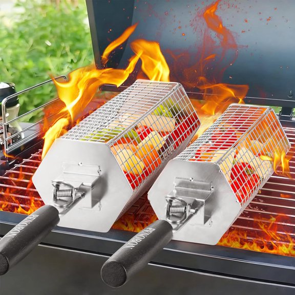 Hexagonal Rolling Grilling Basket Set, 2 PCS Stainless Steel BBQ Grill Baskets with Removable Wooden Handles, Large & Small Nestable Design for Outdoor Camping, Ideal Vegetables, Meat Seafood on