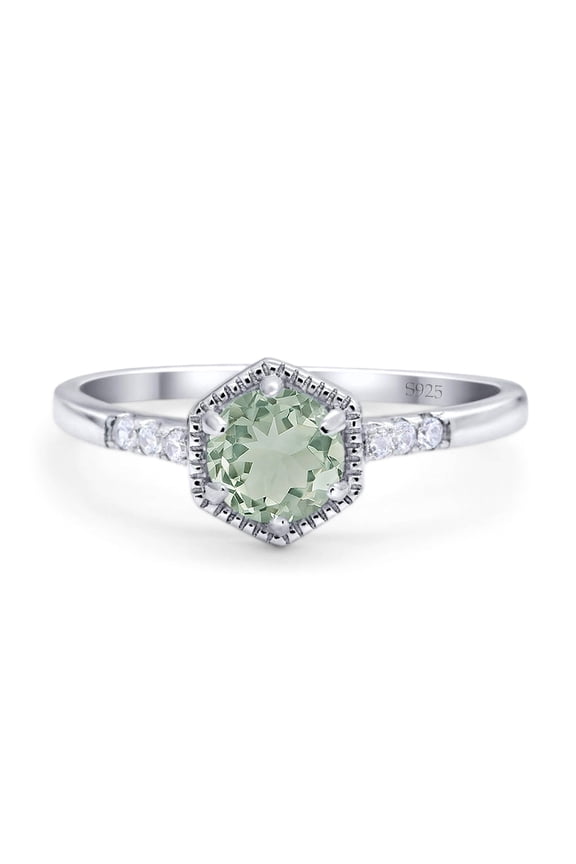 Hexagonal Round Natural Green Amethyst Prasiolite Ring 925 Sterling Silver Size 8