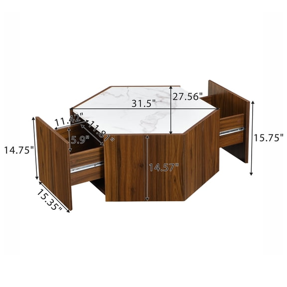 Hexagonal Rustic Coffee Table with 2 Drawers, White Marble Top and Walnut Finish, Space-Saving Living Room Table for Small Spaces, 31.5L x 27.56W x 15.75H