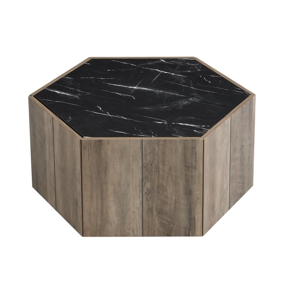 Hexagonal Rustic Retro Wood Coffee Table, with 2 Hidden Drawers, Textured Black Marble Tops, Light Brown Oak Finish - Perfect for Living Room & Reception Areas