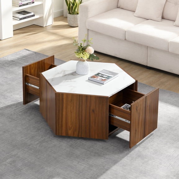 Hexagonal Rustic Retro Wood Coffee Table with 2 Hidden Drawers, Wood Console Table with Marble Textured Tops, for Living Room & Reception Areas, White+Walnut
