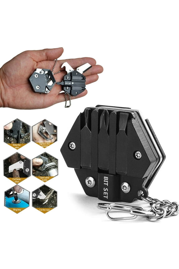 Hexagonal Shape Multi Tool Keychain, Portable Pocket Multitool with Folding Cutter, Screwdriver Set, Bottle Opener, and More for Outdoor Hiking, Camping(Black)