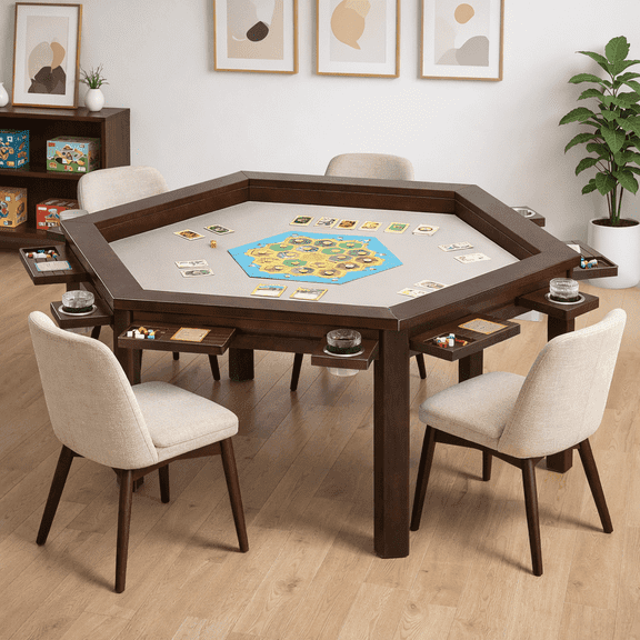Avocahom Hexagonal Solid Wood Board Game Table for 4-6 Players,Convertible Dining Table/Game Table,Top Removable Gaming Table w/ Game Mat, 6*Cup Holders & Hobby Tray