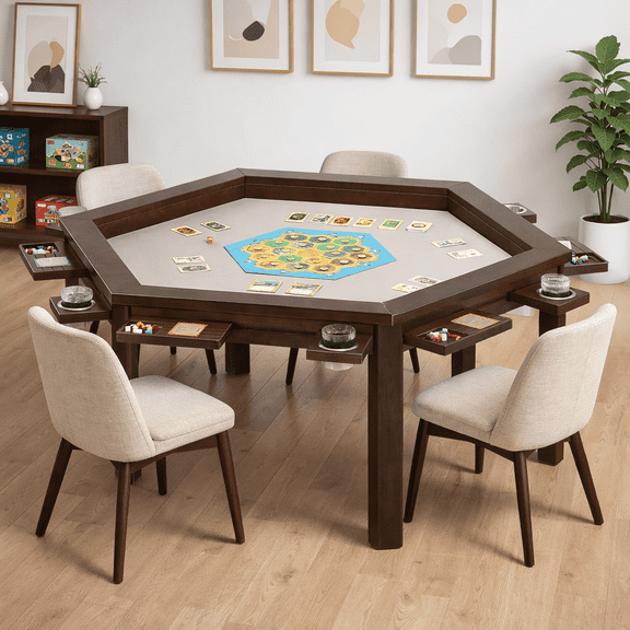 Hexagonal Solid Wood Board Game Table for 4-6 Players,Convertible Dining Table/Game Table,Top Removable Gaming Table w/ Game Mat, 6*Cup Holders & Hobby Tray