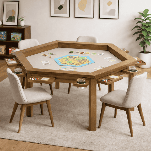Avocahom Hexagonal Solid Wood Board Game Table for 4-6 Players,Convertible Dining Table/Game Table,Top Removable Gaming Table w/ Game Mat, 6*Cup Holders & Hobby Tray