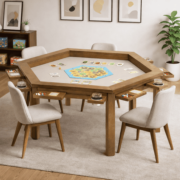 Hexagonal Solid Wood Board Game Table for 4-6 Players,Convertible Dining Table/Game Table,Top Removable Gaming Table w/ Game Mat, 6*Cup Holders & Hobby Tray