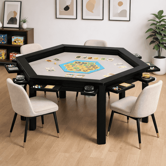 Avocahom Hexagonal Solid Wood Board Game Table for 4-6 Players,Convertible Dining Table/Game Table,Top Removable Gaming Table w/ Game Mat, 6*Cup Holders & Hobby Tray