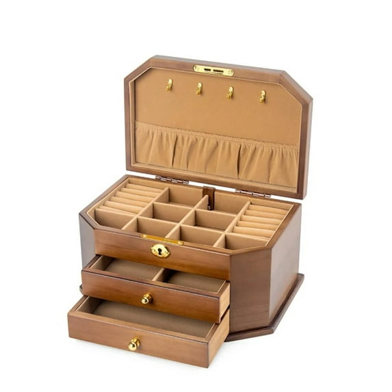 Hexagonal Solid Wood Jewelry Box Storage With Lock Eye Earrings Necklace Large Capacity Simple Retro