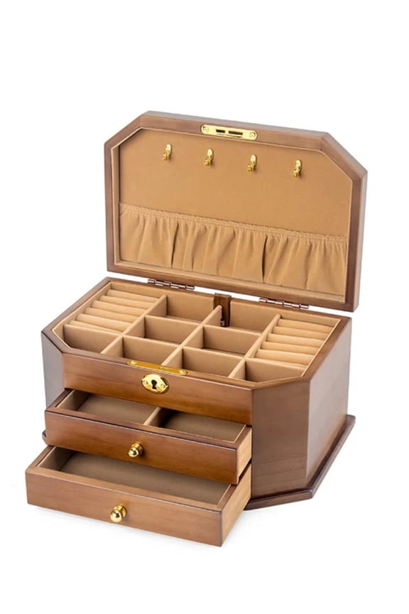 Hexagonal Solid Wood Jewelry Box Storage With Lock Eye Earrings Necklace Large Capacity Simple Retro