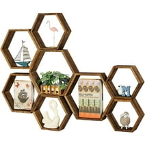 Hexagonal floating shelf wall hanging wood storage honeycomb ledges, 8 hexagons