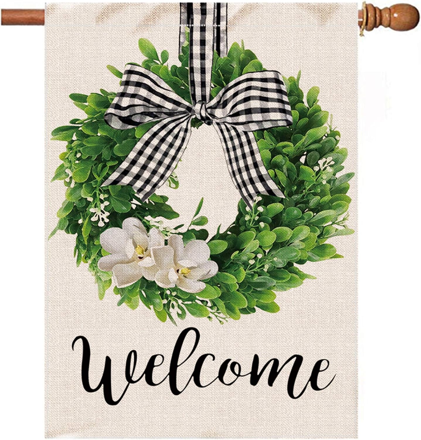 Hexagram Spring Welcome Garden Flag  Outside, Mailbox Decor, Seasonal Outdoor Linen Double Sided Spring Summer Flags for Outside, Boxwood Wreath Buffalo Plaid Yard Farmhouse Flag Decoration
