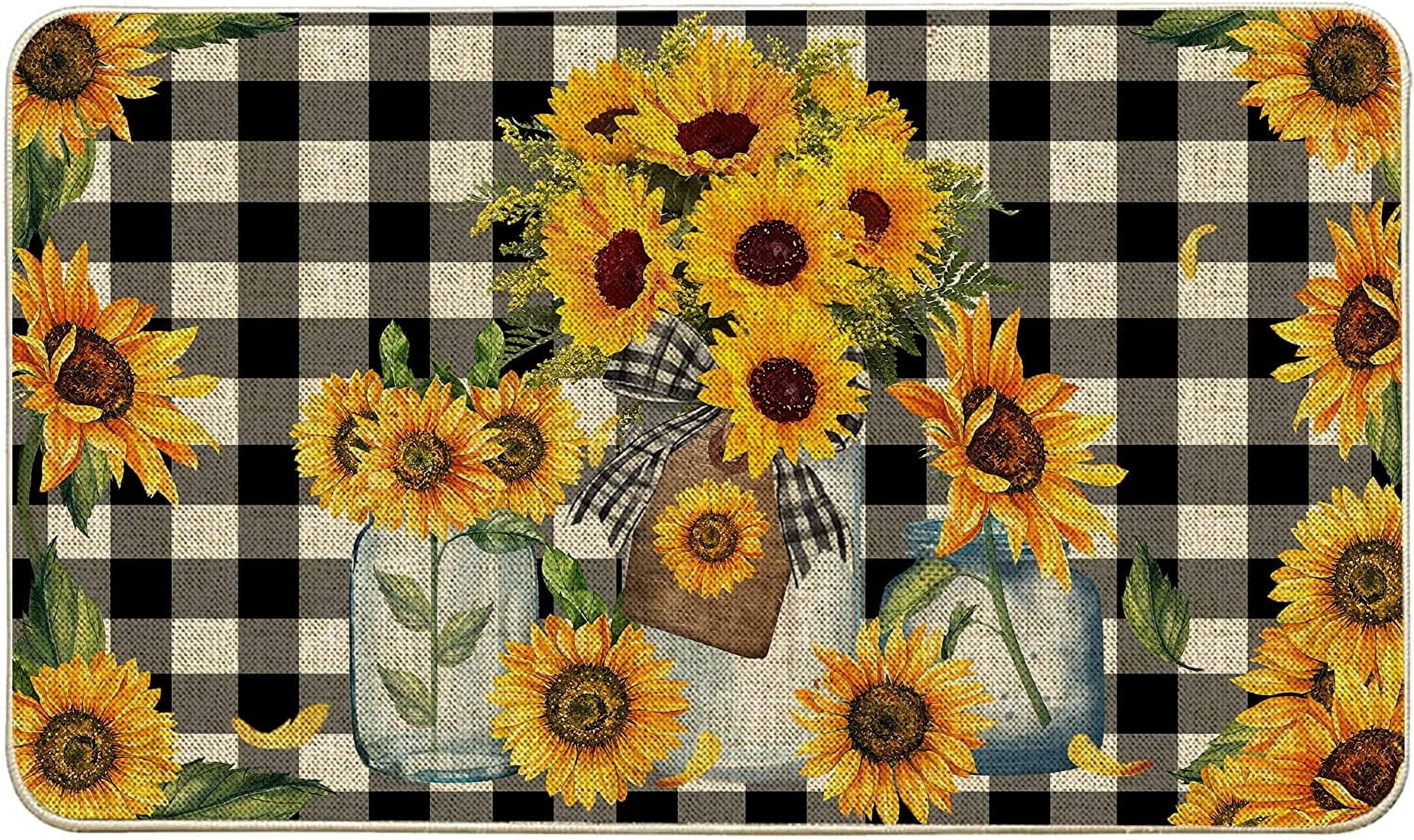 Hexagram Sunflower Door Mats 17x30 Inch, Sunflower Welcome Mats Outdoor, Farmhouse Buffalo Plaid Doormats for Front Door Decorations, Decorative Spring Summer Decor for Home