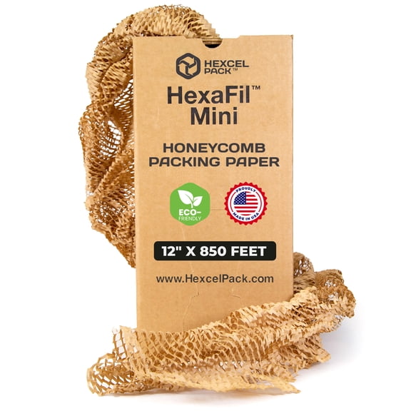 HexcelPack HexaFil Mini - Honeycomb Packing Paper, Eco-Friendly, Sustainable Filler for Shipping & Moving, Cushioned Packing Material in Dispenser Box, Alternative to Bubble Wrap - Natural, 12" x 850