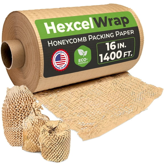 HexcelPack HexcelWrap Honeycomb Packing Paper - Eco-Friendly, Sustainable Paper Bubble Wrap for Shipping and Moving, Cushioned Packing Material. No Tape Needed - Natural, 16" x 1400'